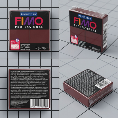 Four-quadrant grid displaying STAEDTLER FIMO Professional Bordeaux 57g, showing front, 3/4 front, rear, and top views on a structured grey background.