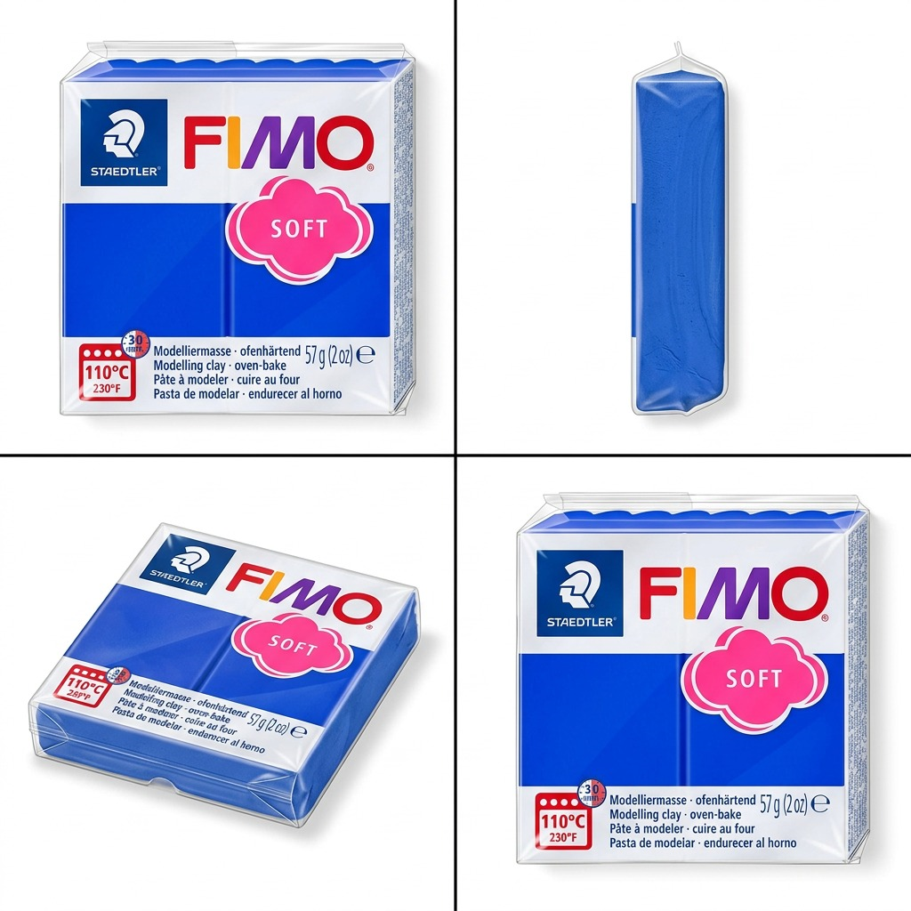 A visual matrix of four different views of the STAEDTLER Fimo Soft Brilliant Blue packaging.