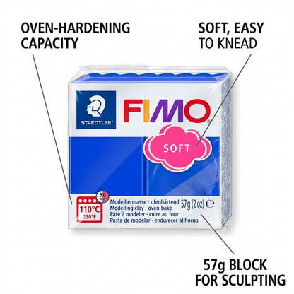 A product feature callout graphic for FIMO Soft clay, highlighting oven-baking, texture, and size.