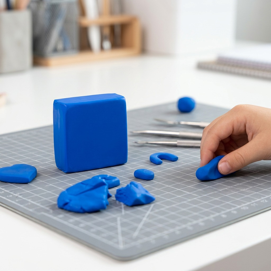 A block of bright blue FIMO Soft clay sits on a craft mat, partially sculpted.