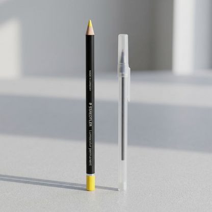 A Staedtler Lumocolor dry marker is positioned upright on a desk beside a clear plastic pen for scale.