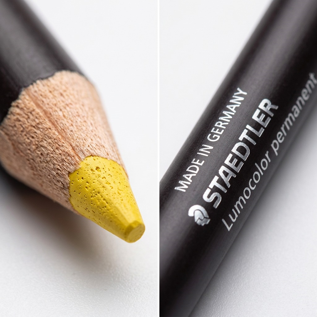 Macro photo detailing the fine tip, wood barrel texture, and crisp gold-stamped product markings.