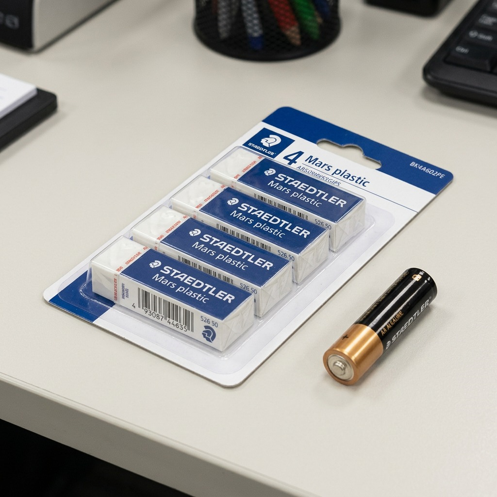 A close-up shot of the STAEDTLER Mars plastic erasers 4-pack blister resting on an office desk next to a standard AA battery and a pen.