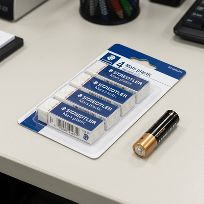 A close-up shot of the STAEDTLER Mars plastic erasers 4-pack blister resting on an office desk next to a standard AA battery and a pen.