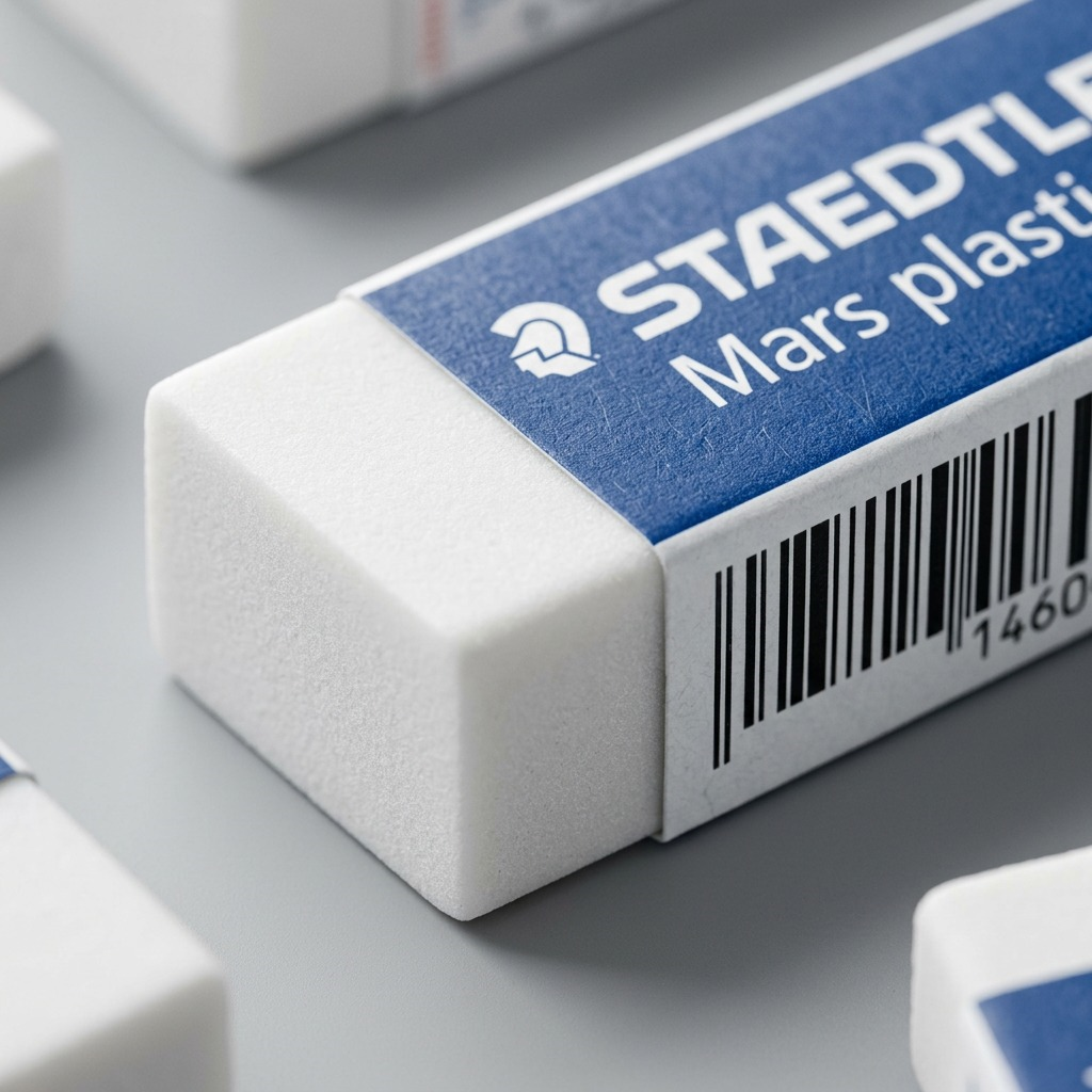 A macro photo of the white Staedtler Mars plastic eraser's texture with precision fine-line print of branding and a barcode.