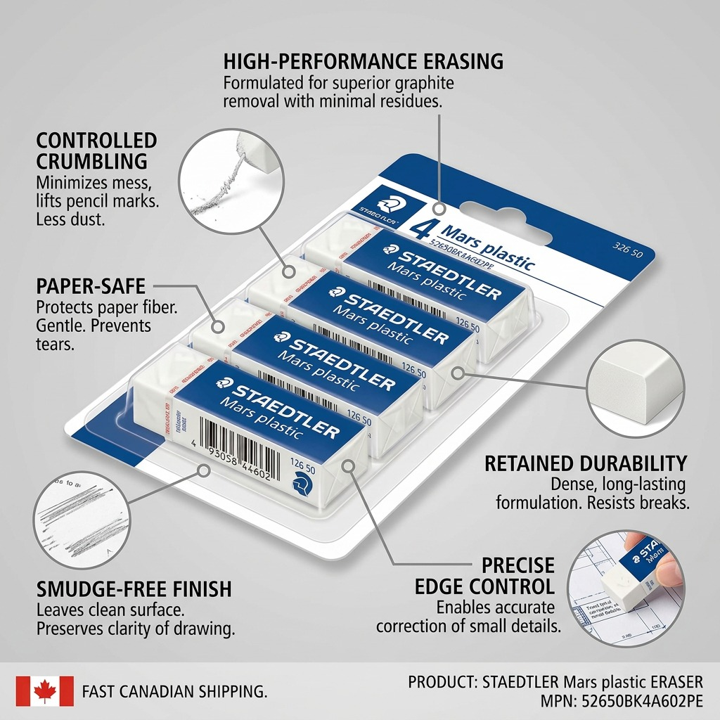 Operations visual: feature callout diagram detailing STAEDTLER Mars Plastic erasers' key capabilities.