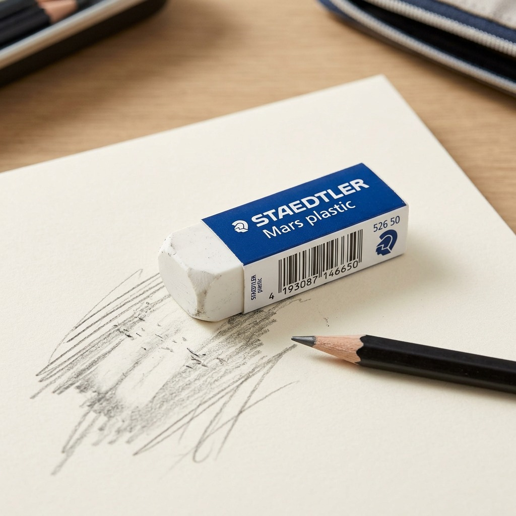 A close-up photograph of a STAEDTLER Mars plastic 526 50 eraser erasing pencil marks from paper.