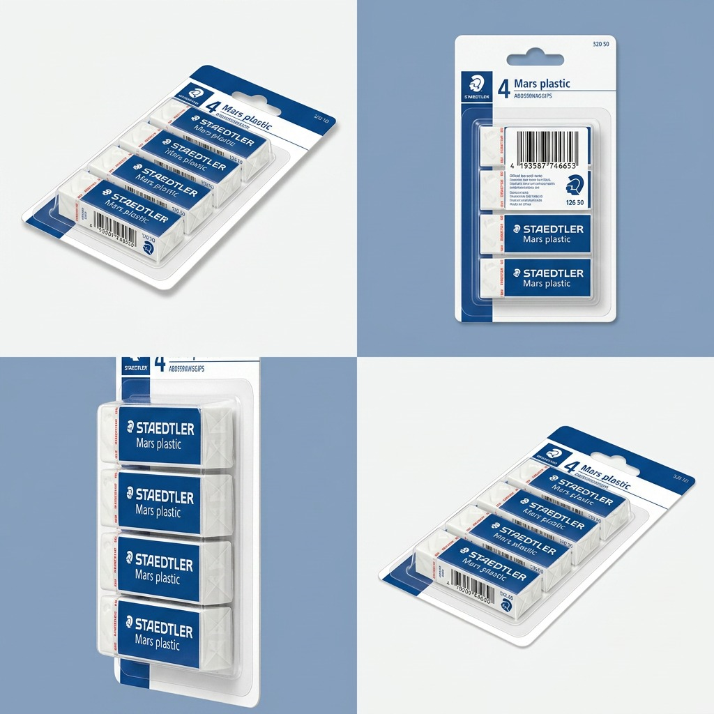 A grid matrix showing four views of the STAEDTLER eraser blister pack from different angles.