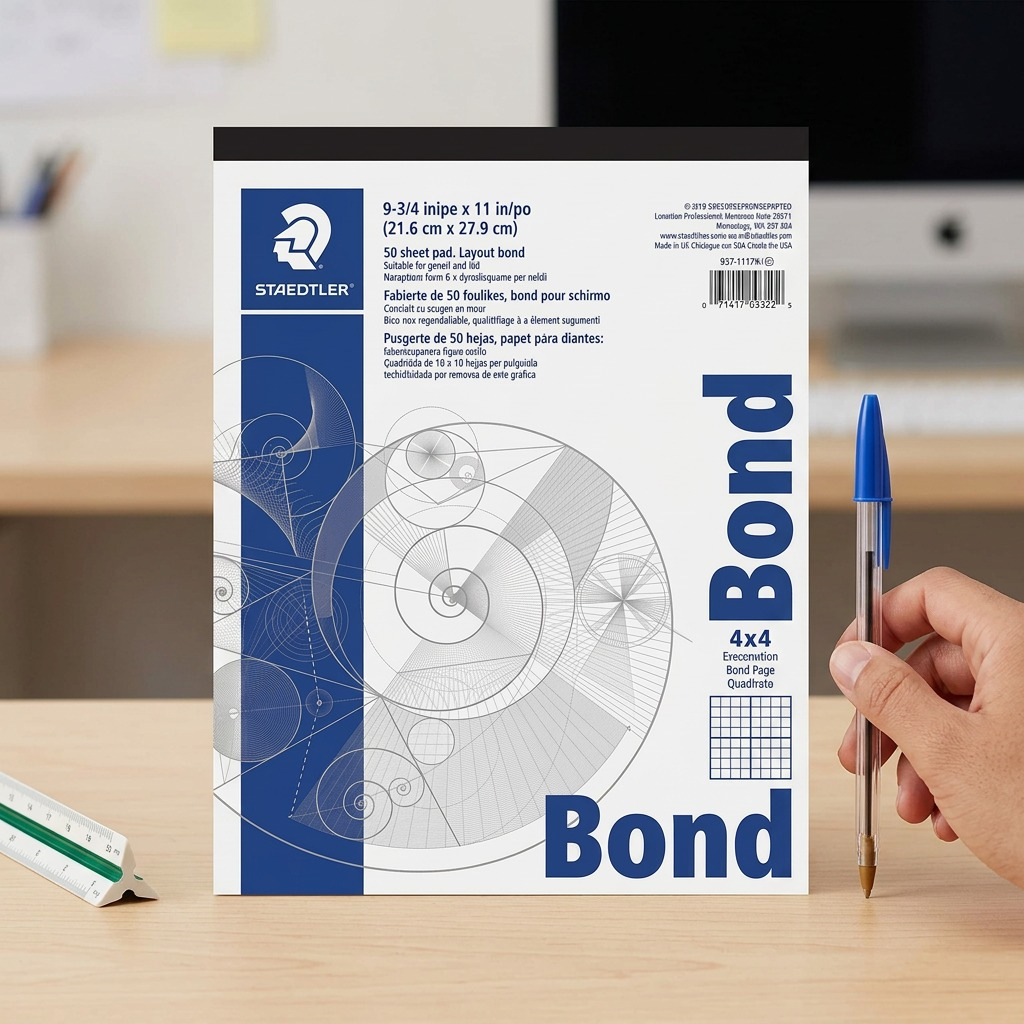 A photo of the Staedtler Bond pad next to a Bic pen for scale, showcasing the product size against a common object.