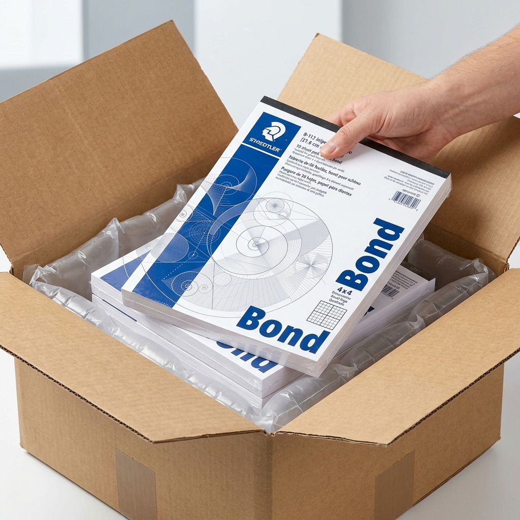 A hand reaches into a padded cardboard shipping box, lifting a stack of protected STAEDTLER layout bond pads.