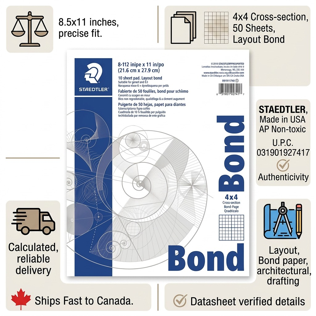A visual infographic matrix for the STAEDTLER STAEDTLER 937-1117P402 bond paper pad, detailing product features, build, manufacturer authenticity, and fast Canadian shipping.