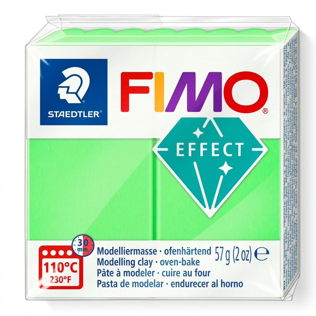 Hero shot of Staedtler FIMO Effect Neon Green modeling clay in its original retail package against white.