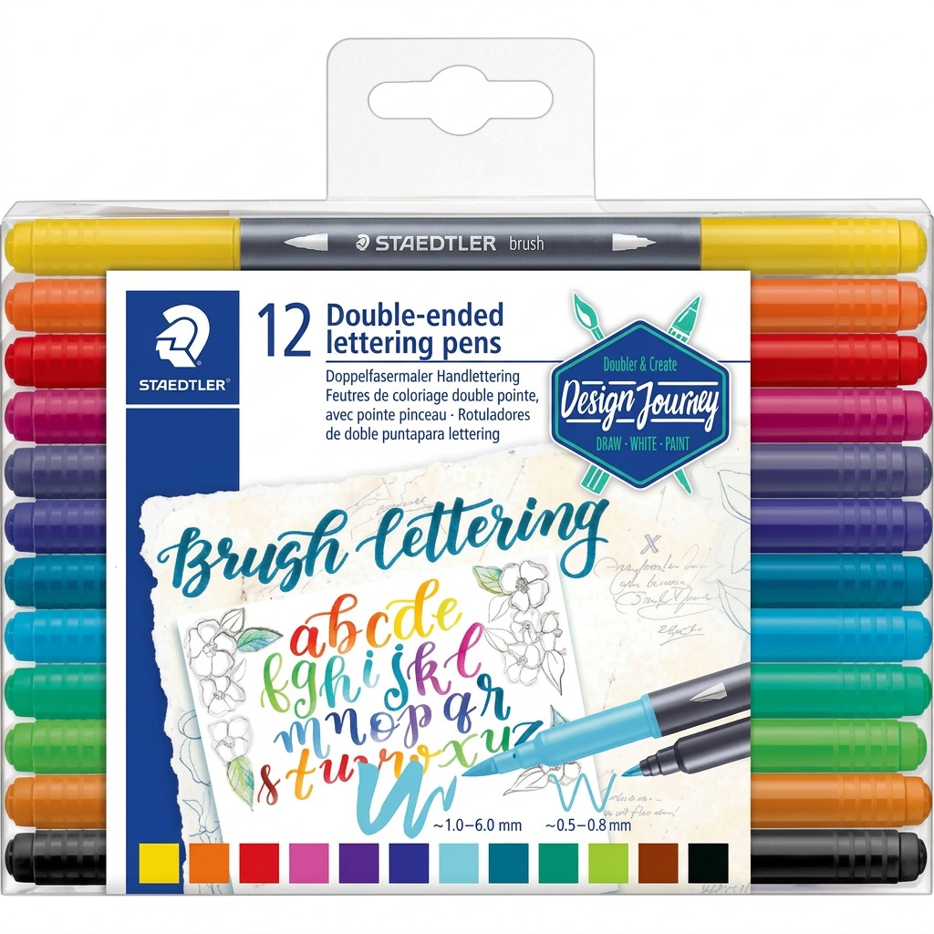 Hero shot of Staedtler 3004-TB12-02 brush lettering pens in a transparent plastic pack, white background