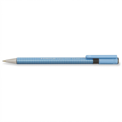 A horizontal, clean product shot of the STAEDTLER Triplus Micro 0.5mm mechanical pencil. The light blue pen feature silver tip, and white grid lines and branding.