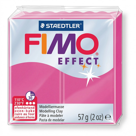 High-resolution centered studio photo of a 57g Staedtler FIMO Effect modelling clay block in vibrant pink, encased in transparent wrapping, on a pure white background.