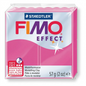High-resolution centered studio photo of a 57g Staedtler FIMO Effect modelling clay block in vibrant pink, encased in transparent wrapping, on a pure white background.