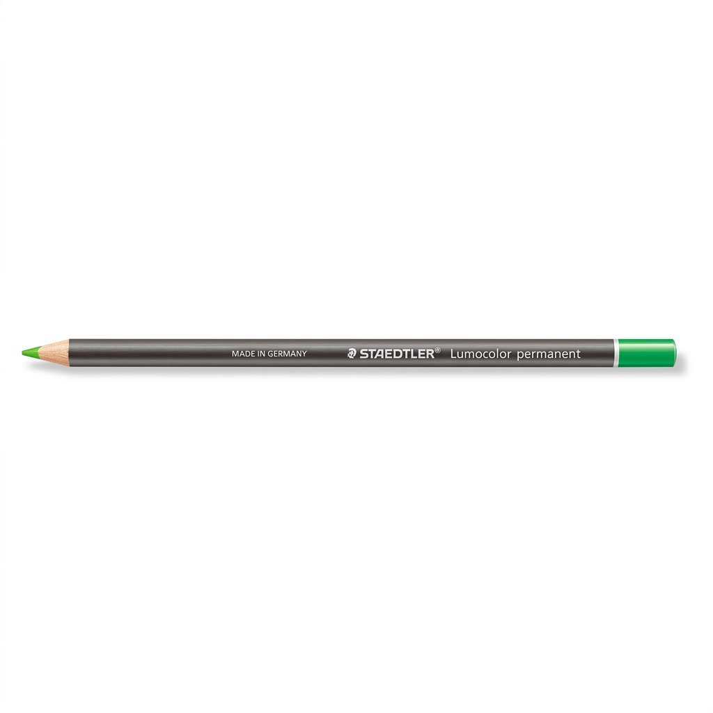 Hero shot of a single green STAEDTLER Lumocolor permanent glasochrom waterproof dry marker, viewed horizontally on a white background.