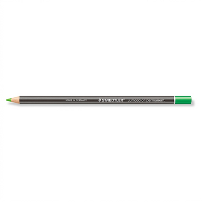Hero shot of a single green STAEDTLER Lumocolor permanent glasochrom waterproof dry marker, viewed horizontally on a white background.