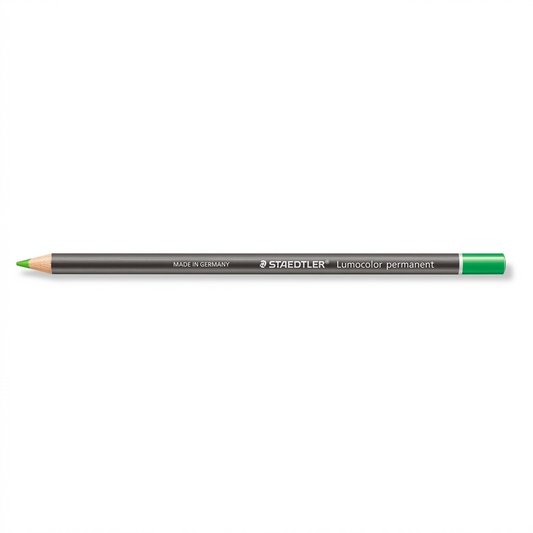 Hero shot of a single green STAEDTLER Lumocolor permanent glasochrom waterproof dry marker, viewed horizontally on a white background.