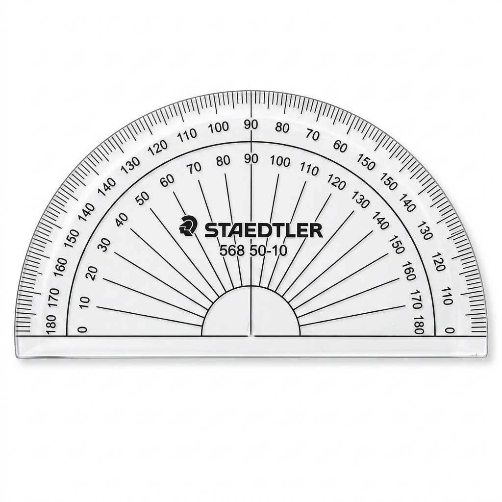 A high-resolution product shot of the STAEDTLER 568 50-10 180-degree protractor on a clean white background.