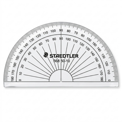A high-resolution product shot of the STAEDTLER 568 50-10 180-degree protractor on a clean white background.
