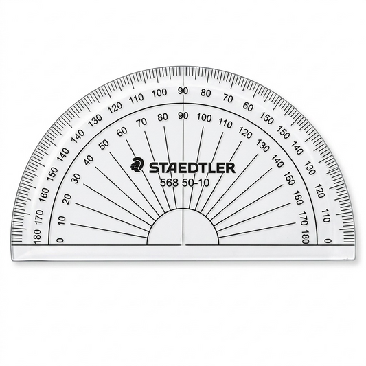 A high-resolution product shot of the STAEDTLER 568 50-10 180-degree protractor on a clean white background.