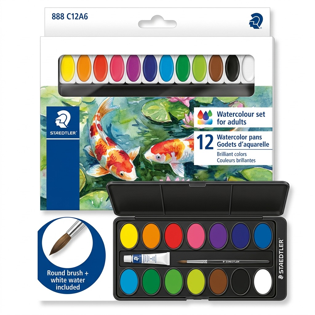 STAEDTLER (888 C12A6) 12 watercolour set for adults with koi art and brush on a pure white background.