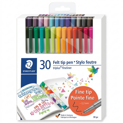 Pure white background studio shot of the STAEDTLER triplus finsliner 30-piece set in its open stand-up box.