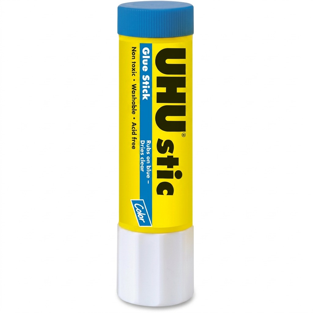 A high-resolution, centered image of a single 21g UHU stic Magic Blue glue stick against a pure white background. The product's yellow tube, blue cap, and white base are in a sharp, realistic focus with clean, natural lighting and a subtle shadow. The UHU stic logo and product details are clearly.