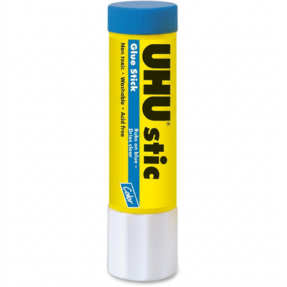 A high-resolution, centered image of a single 21g UHU stic Magic Blue glue stick against a pure white background. The product's yellow tube, blue cap, and white base are in a sharp, realistic focus with clean, natural lighting and a subtle shadow. The UHU stic logo and product details are clearly.