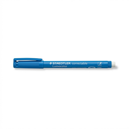 Blue STAEDTLER Lumocolor correctable marker hero shot on white background.