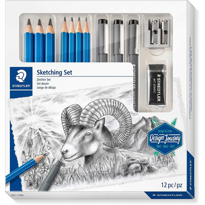 A pristine hero shot of the STAEDTLER Mixed Sketching Set with 12 pieces and ram art.