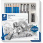 A pristine hero shot of the STAEDTLER Mixed Sketching Set with 12 pieces and ram art.