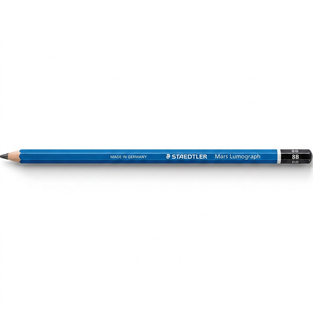 A high-resolution, centered view of the STAEDTLER Mars Lumograph 8B graphite pencil from image_0.png, resting horizontally on a pure white background with a clean shadow. The blue body, sharp point, black and silver cap, and all detailed silver markings, including the logo and '8B' grade, are clearly visible.