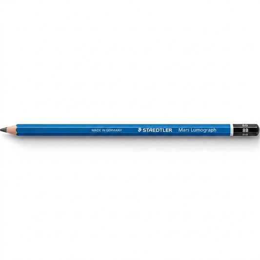 A high-resolution, centered view of the STAEDTLER Mars Lumograph 8B graphite pencil from image_0.png, resting horizontally on a pure white background with a clean shadow. The blue body, sharp point, black and silver cap, and all detailed silver markings, including the logo and '8B' grade, are clearly visible.