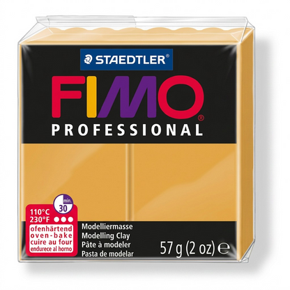 A high-resolution, pure product shot of the STAEDTLER Fimo Professional 57g ochre clay block, centered on a seamless white background. Features the correct shape, ochre color, and intricate product details including logos and markings. Clear wrap and realistic scale.