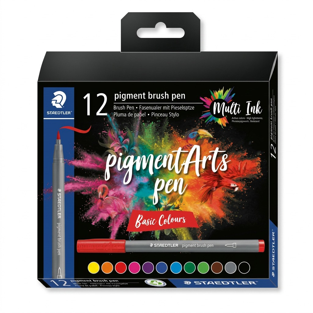 A clean and colorful frontal photograph of the 12 STAEDTLER Pigment Arts Brush Basic Colors pens in their original packaging, featuring a selection of popular standard colors and brush tips.