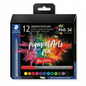 A clean and colorful frontal photograph of the 12 STAEDTLER Pigment Arts Brush Basic Colors pens in their original packaging, featuring a selection of popular standard colors and brush tips.