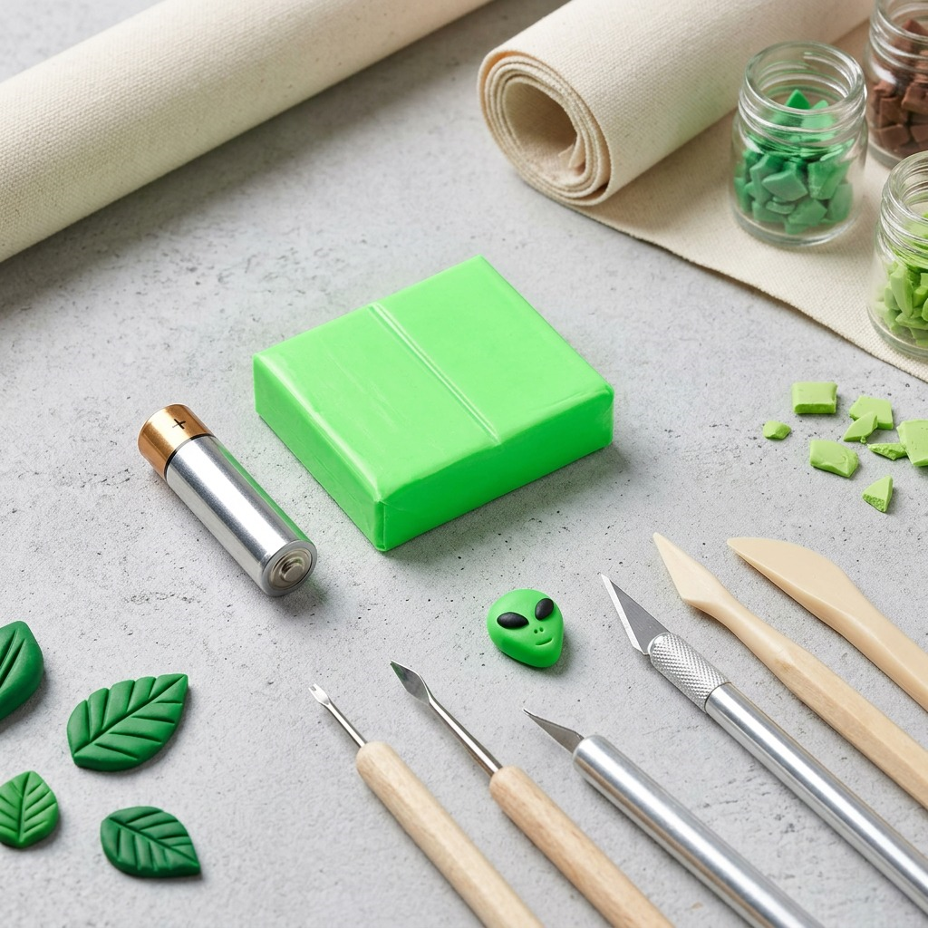 An image of the STAEDTLER Fimo Effect Neon Green block, removed from its initial packaging, placed horizontally to show its dimensions next to common work desk items for scale, with no text or logos added.