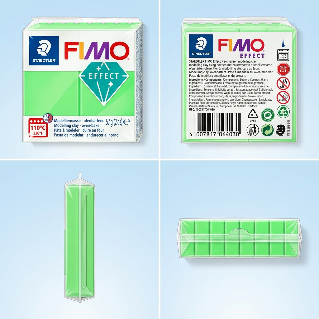 Four-angle grid view of the FIMO Effect Neon Green modeling clay packaging, showcase details.