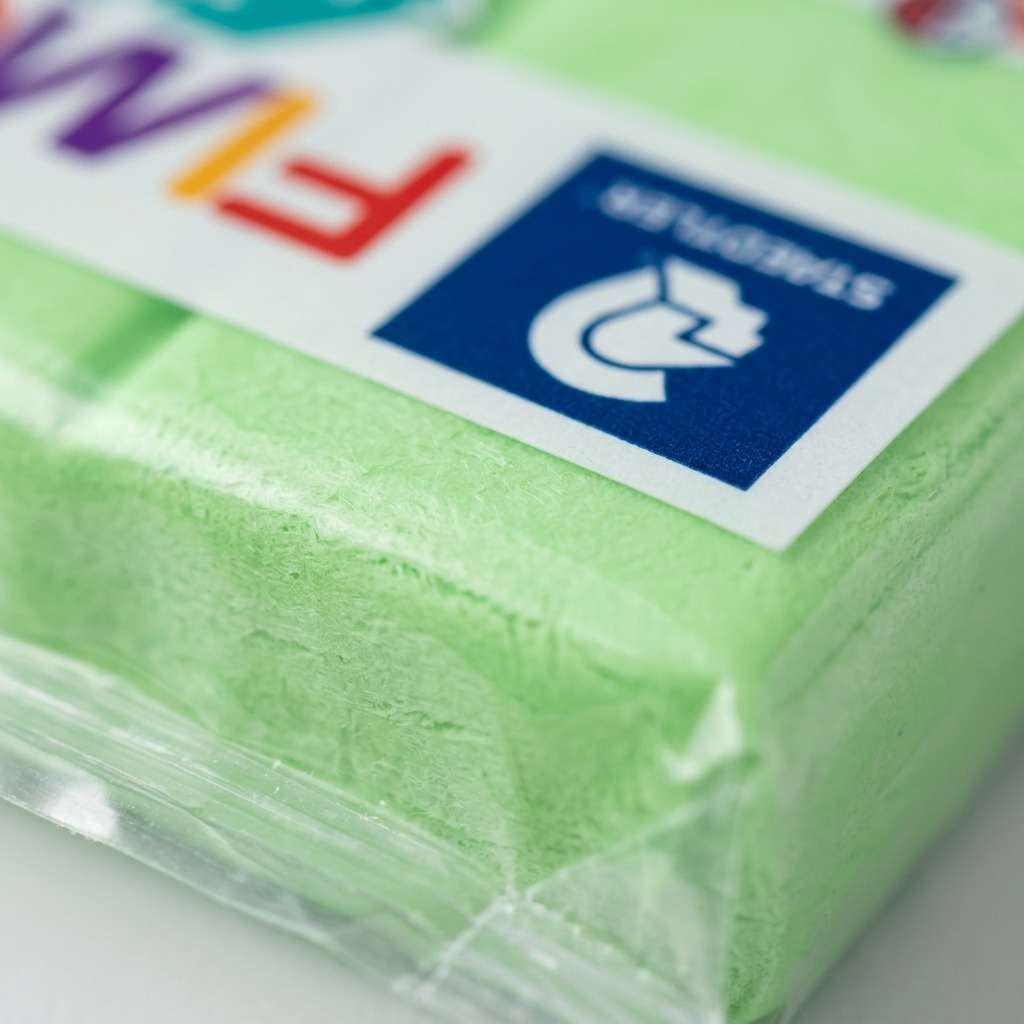 An extreme close-up of STAEDTLER Fimo Effect Neon Green modelling clay texture and crisp label print, with a shallow depth of field. This image highlights the fine, slightly porous surface and precision print quality, helping reduces purchase hesitation by showcasing physical details.