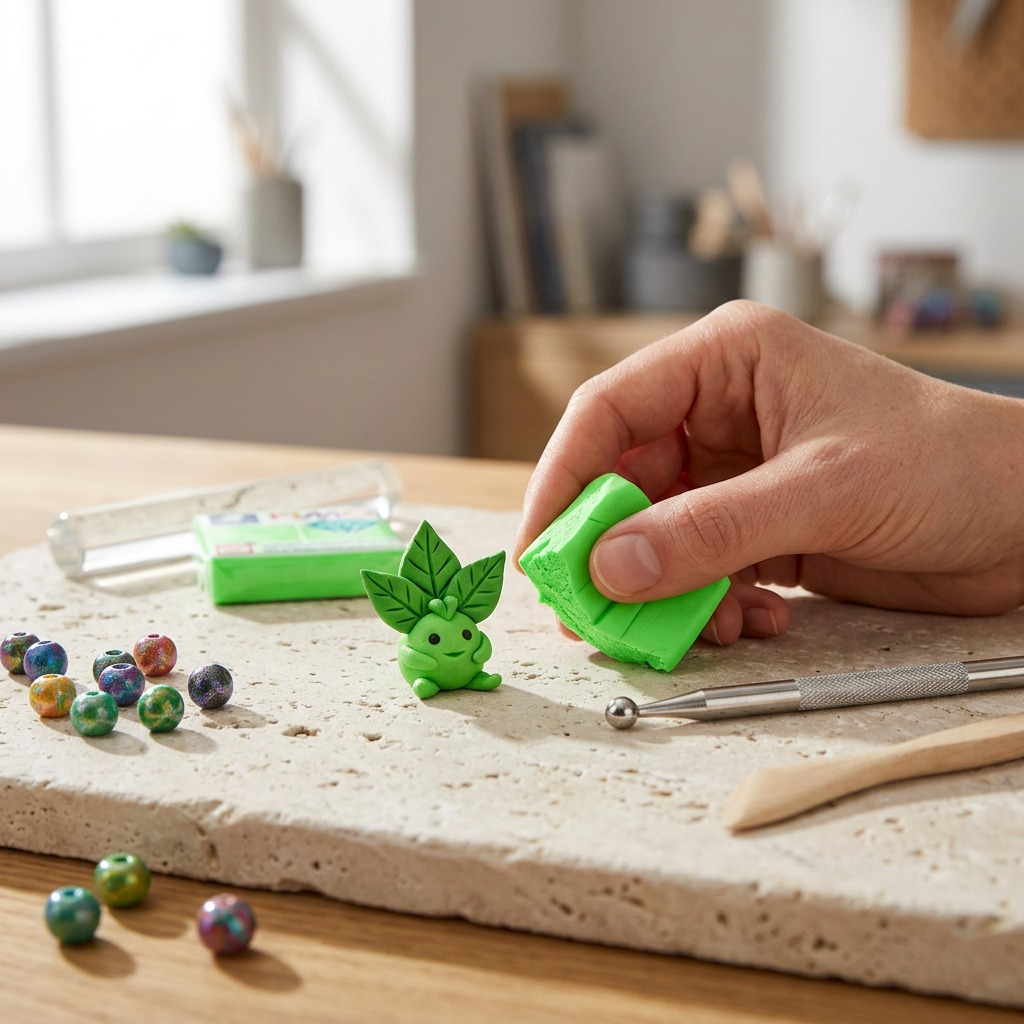 Close-up of STAEDTLER Fimo Effect Neon Green clay being sculpted into a small, detailed figure.