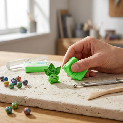 Close-up of STAEDTLER Fimo Effect Neon Green clay being sculpted into a small, detailed figure.