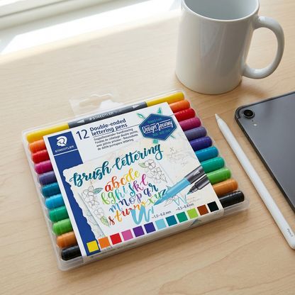 A STAEDTLER double-ended brush letter pen set on a wood desk next to a ceramic mug, iPad, and Pencil.