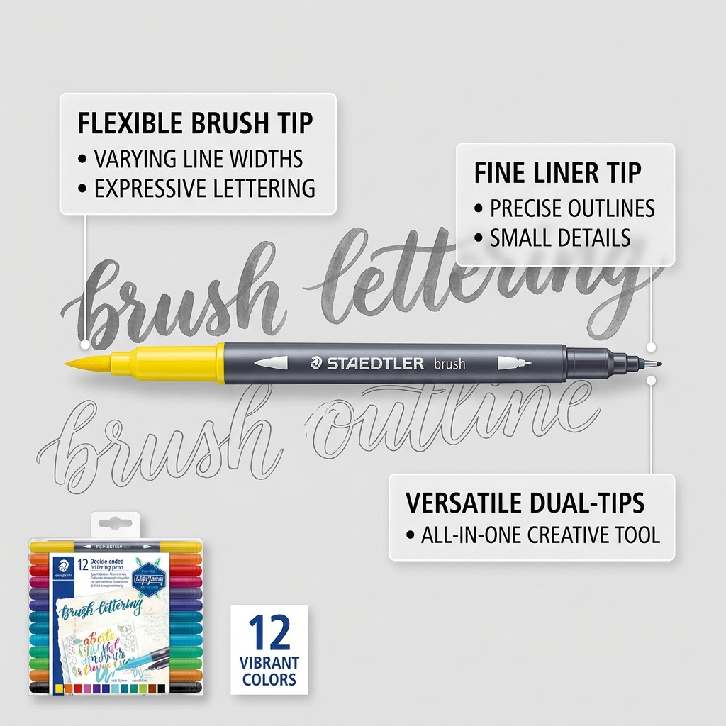 A product feature callout graphic for the STAEDTLER Double-ended lettering pen set. A yellow pen is shown with labels. The flexible brush tip is called "DUAL-TIPS: BRUSH" and described as "Expressive strokes, variable lines." The fine tip is called "FIND-POINT" and described as "Fine details, precise outlines." The set is described as "12 VIBRANT COLORS" with "Ideal for brush lettering & journaling."