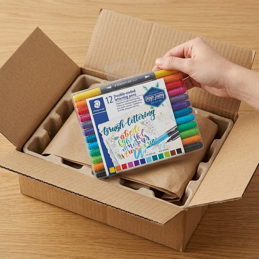 A close-up photograph of the 12-pack Staedtler pens neatly arriving in a premium shipping box.