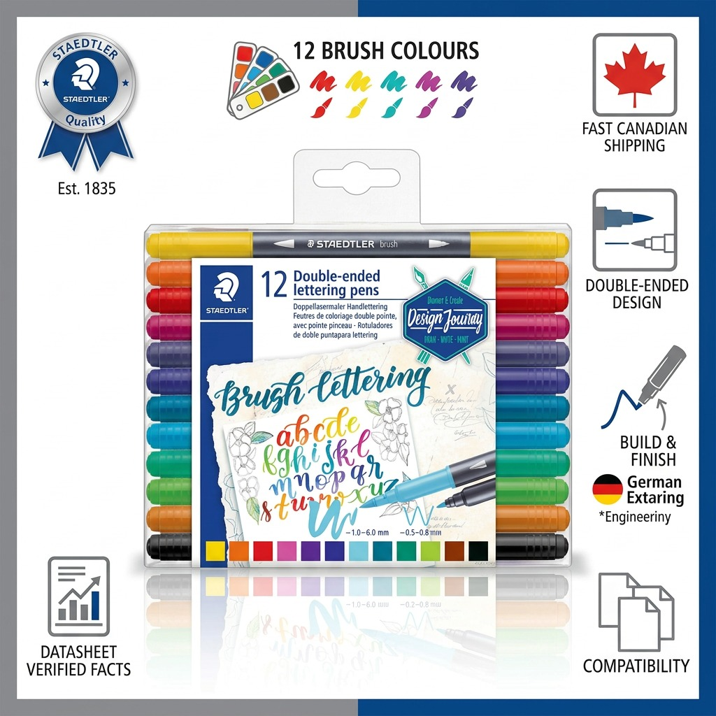 Inline PDP infographic for STAEDTLER double-ended lettering pens with trust cues, on a clean, light surface.