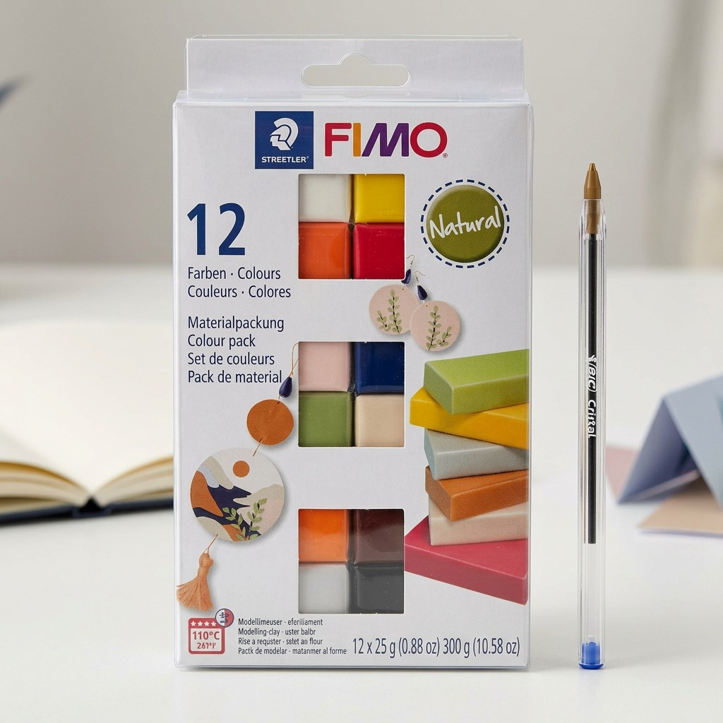 FIMO Natural Colors clay set next to a standard Bic pen for visual scale reference on a clean surface.
