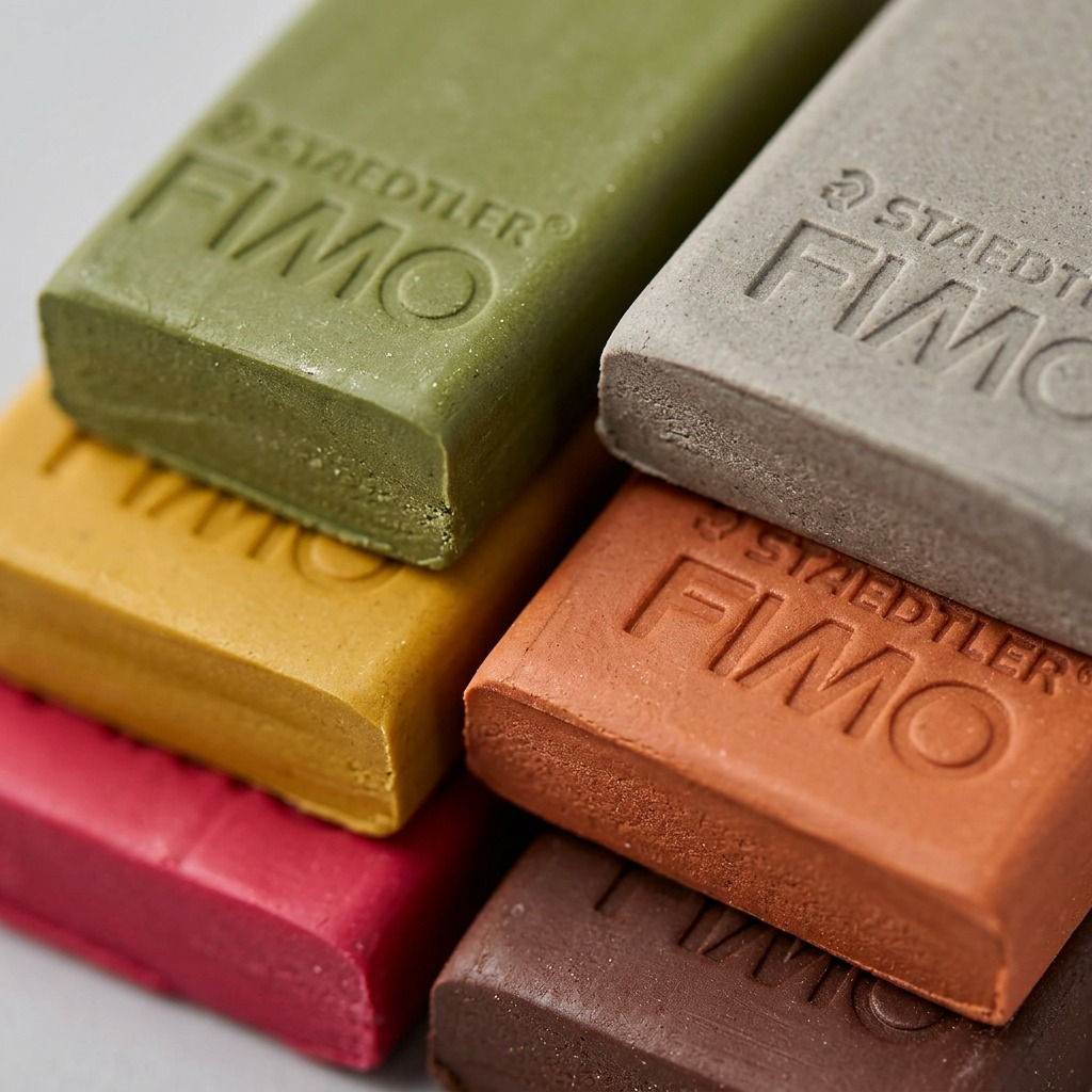 Macro-photography detail perspective of the individual FIMO clay bars from the 12-pack showing color, texture, and embossed STAEDTLER logo.