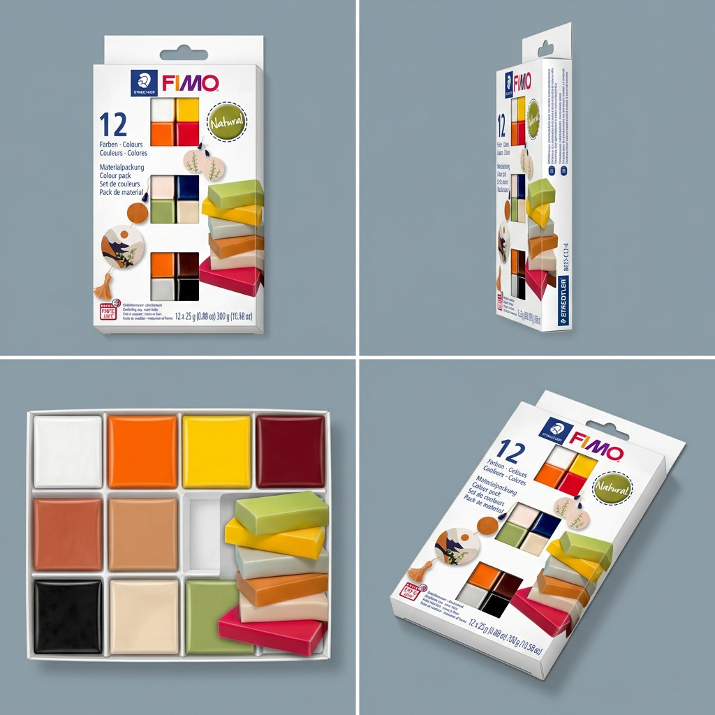 A product matrix grid displaying four views of the Fimo Natural 12-pack, showing packaging and contents.